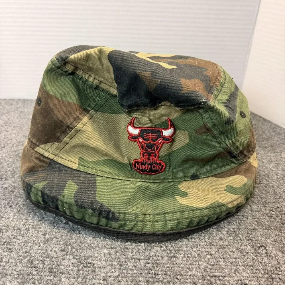 Chicago Bulls Hat Bucket Mens XL Green Camo NBA Basketball Windy City New Era